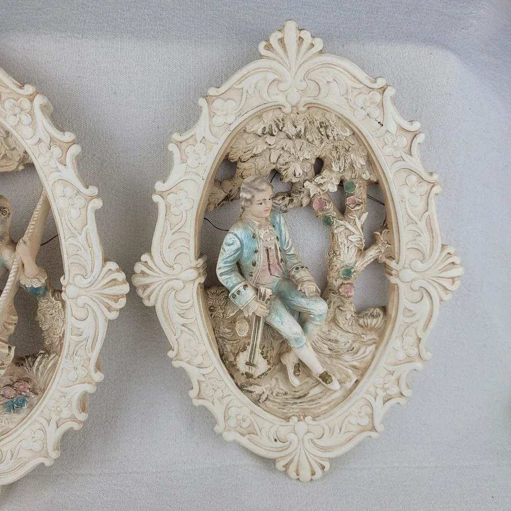 Vintage 1962 Jayess United Chicago Chalkware Wall Plaques Rococo Couple Set of 2